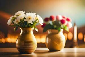 two vases with flowers on a table. AI-Generated photo