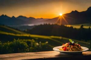 a plate of pasta on a table in the mountains. AI-Generated photo