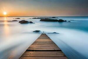 un de madera muelle extensión dentro el Oceano a puesta de sol. generado por ai foto