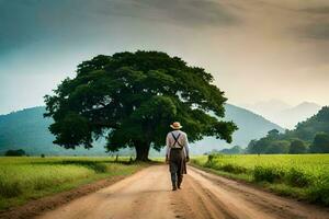 a man walking down a dirt road with a tree in the background. AI-Generated photo