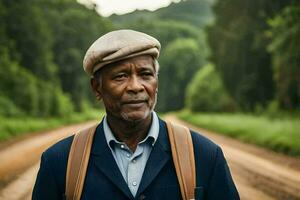 an older man wearing a hat and a blue jacket standing on a dirt road. AI-Generated photo