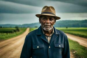 an older man in a hat standing on a dirt road. AI-Generated photo