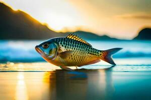 un pescado es en pie en el playa a puesta de sol. generado por ai foto