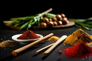 spices and spices on a black background. AI-Generated photo