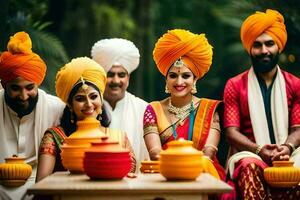 a group of people in orange turbans sitting around a table. AI-Generated photo