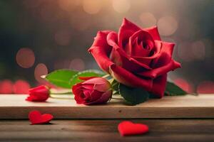 red roses on a wooden table with hearts. AI-Generated photo