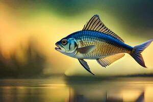 a fish is flying over water in a sunset. AI-Generated photo