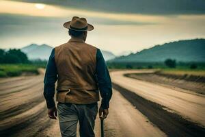 a man in a hat and vest walking down a dirt road. AI-Generated photo