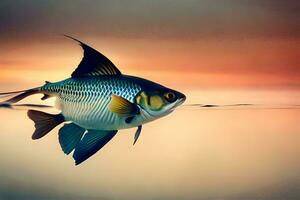 un pescado es nadando en el agua a puesta de sol. generado por ai foto