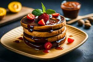 stack of pancakes with chocolate sauce and berries. AI-Generated photo