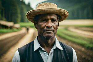 an african man wearing a straw hat stands in a field. AI-Generated photo