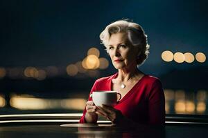 an older woman in a red dress holding a cup of coffee. AI-Generated photo