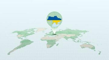 World map in perspective showing the location of the country Ukraine with detailed map with flag of Ukraine. vector