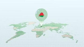 World map in perspective showing the location of the country Belarus with detailed map with flag of Belarus. vector