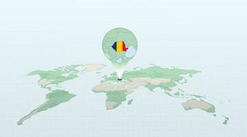 World map in perspective showing the location of the country Romania with detailed map with flag of Romania. vector