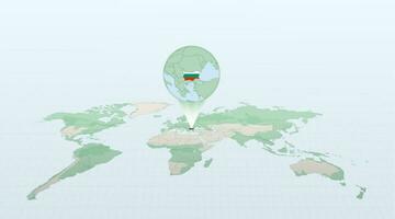 World map in perspective showing the location of the country Bulgaria with detailed map with flag of Bulgaria. vector