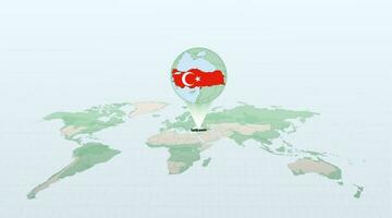 World map in perspective showing the location of the country Turkey with detailed map with flag of Turkey. vector