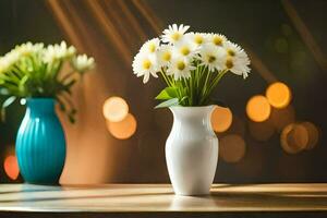 dos floreros con blanco flores en un mesa. generado por ai foto