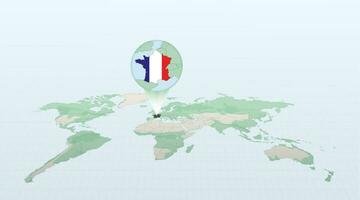 World map in perspective showing the location of the country France with detailed map with flag of France. vector