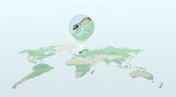 mundo mapa en perspectiva demostración el ubicación de el país Noruega con detallado mapa con bandera de Noruega. vector