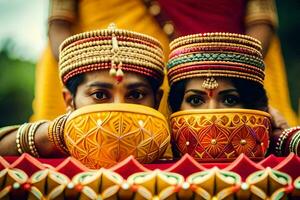 un Pareja en tradicional indio atuendo participación tazas. generado por ai foto