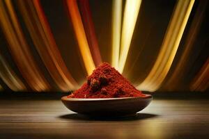 a bowl of red chili powder on a wooden table. AI-Generated photo