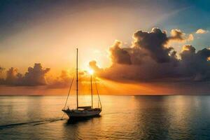 a sailboat in the ocean at sunset. AI-Generated photo