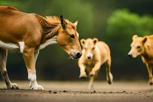 un marrón vaca y dos otro vacas corriendo en el suciedad. generado por ai foto