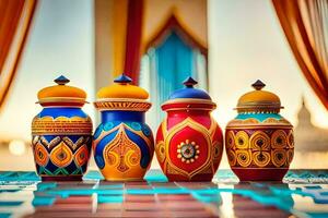 four colorful vases are lined up on a table. AI-Generated photo