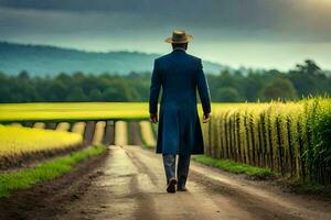 a man in a suit and hat walks down a dirt road. AI-Generated photo