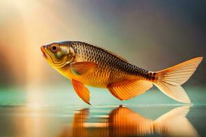 un pescado es en pie en el agua con un brillante ligero detrás él. generado por ai foto