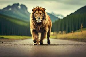 un león caminando abajo un la carretera en el medio de un bosque. generado por ai foto