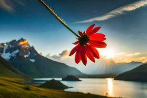 photo wallpaper the sky, mountains, lake, sun, flower, the sky, the mountains,. AI-Generated