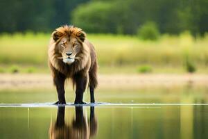 a lion standing in the water with its reflection. AI-Generated photo