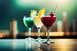 three different colored cocktails on a bar counter. AI-Generated photo