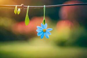 un azul flor colgando desde un cable. generado por ai foto