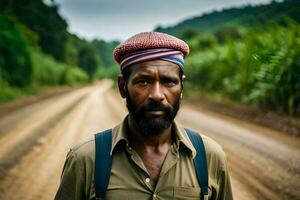 a man with a beard and a turban standing on a dirt road. AI-Generated photo