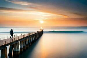 a man stands on a pier looking at the sun setting over the ocean. AI-Generated photo