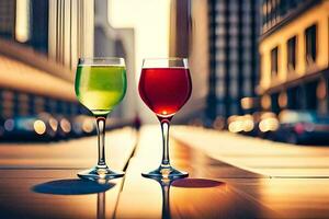 two glasses of juice on a city street. AI-Generated photo