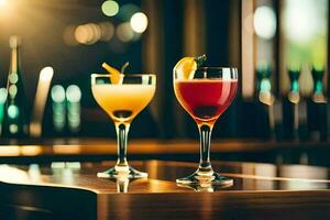 two glasses of cocktails on a bar. AI-Generated photo