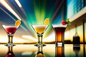 three different types of alcoholic drinks are shown in a row. AI-Generated photo