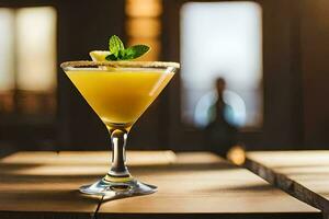 a cocktail with a lemon slice and mint. AI-Generated photo