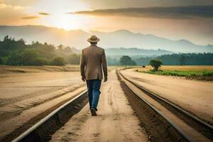 a man in a hat walks down a railroad track. AI-Generated photo