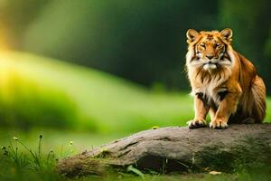 a tiger sitting on a rock in the middle of a field. AI-Generated photo