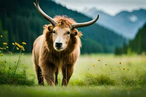 un yak con largo cuernos en pie en un campo. generado por ai foto