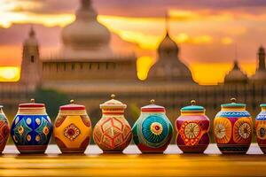 colorful vases lined up in front of a building. AI-Generated photo