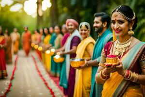 indian women in colorful saris holding candles. AI-Generated photo