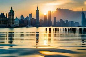 the sun sets over the city skyline in new york. AI-Generated photo