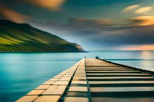 a long wooden pier stretches out into the ocean. AI-Generated photo
