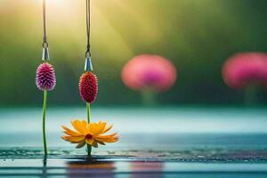 dos flores son colgando desde un gancho en el agua. generado por ai foto